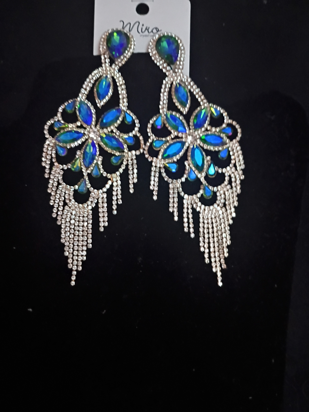 Iridescent Blue-Green Crystal Fringe Earrings